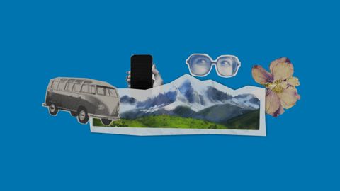 A collage on a blue background featuring a vintage van, a photo of mountains, a hand holding a smartphone, a pair of glasses, and a purple flower.